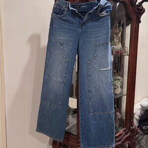 Wide Leg Patchwork Jeans - Blue